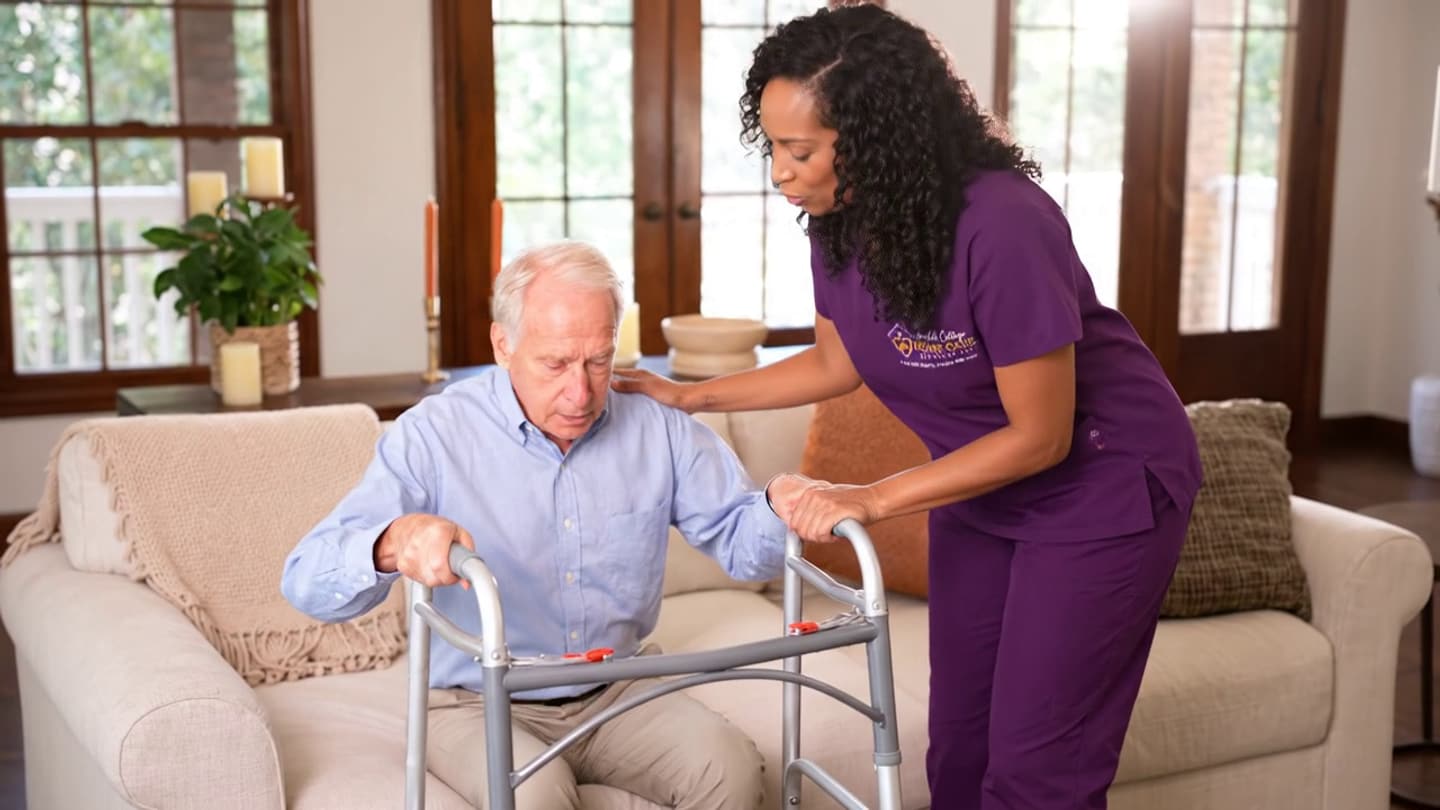 A caregiver in purple scrubs steadies an older man as he stands from a sofa using a walker, in a sunlit living room.